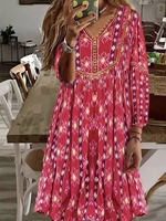 Women Casual Spring/Fall Nationality/ethnic V neck No Elasticity Loose Short H-Line Regular Dresses