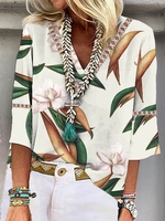 Women Casual Spring/Fall Plants Lace Natural Loose Three Quarter H-Line Regular Shirts