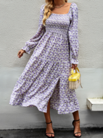 Women Casual Spring/Fall Small Floral High Waist Daily Long Sleeve A-Line Regular Fit & Flare Dress Dresses