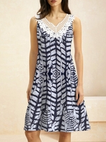 Women Casual Summer Abstract stripes High Elasticity Daily Sleeveless Regular Lace Collar No Dresses