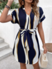 Women Casual Summer Abstract stripes Stand Collar High Waist Midi Short sleeve H-Line Regular Dresses