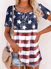 Women Casual Summer America Flag Micro-Elasticity Loose Jersey Standard Short sleeve Notched T-shirts