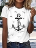 Women Casual Summer Anchor Printing Micro-Elasticity Loose Short sleeve Regular H-Line T-shirts