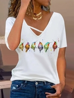 Women Casual Summer Bird Micro-Elasticity Daily Jersey Irregular Craftsmanship Regular DL T-shirts