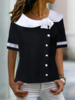 Women Casual Summer Black And White Colorblock High Elasticity Loose Short Sleeve Shawl Collar H-Line Regular Shirts