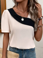 Women Casual Summer Contrast Stitching Polyester Loose Asymmetrical Regular H-Line Regular Shirts
