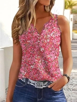 Women Casual Summer Disty Floral Daily Loose Sleeveless H-Line Notched CR Tank Tops