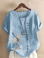 Women Casual Summer Dragonfly Cotton Buttoned Short sleeve H-Line CC Mini Shirts