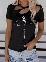 Women Casual Summer Dragonfly Cross Neck Household Jersey H-Line Regular PEC Shirts