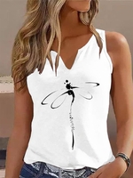Women Casual Summer Dragonfly Micro-Elasticity Loose Sleeveless Notched Regular PI Tank Tops