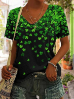 Women Casual Summer Festival V neck No Elasticity Jersey Short sleeve Regular St.Patrick&0S Day T-shirts