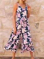 Women Casual Summer Leaf Polyester V neck Natural Sleeveless H-Line Regular Jumpsuits