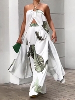 Women Casual Summer Leaf Polyester Vacation Loose Sleeveless Cold Shoulder H-Line Two-Piece Sets