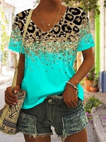 Women Casual Summer Leopard Jersey Standard Regular H-Line Regular P T-shirts
