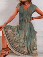 Women Casual Summer Nationality/ethnic V neck Natural No Elasticity Loose Short Sleeve No Dresses