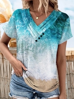 Women Casual Summer Seawater Buttoned Loose Jersey H-Line Regular Asymmetrical Collar Shirts