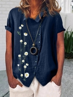 Women Casual Summer Small daisy Cotton Loose Standard Short sleeve H-Line Buckle Blouses