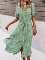 Women Casual Summer Small Floral No Elasticity Daily Loose Short Sleeve H-Line Regular Dresses