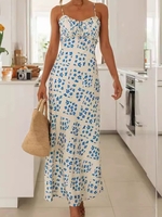 Women Casual Summer Small Floral Polyester Maxi Gallus A-Line Regular Vacation Dresses