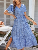 Women Casual Summer Small Floral V neck Daily Maxi Short Sleeve H-Line No Dresses