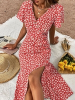 Women Casual Summer Small Floral V neck Natural Regular Fit Midi Regular No Dresses