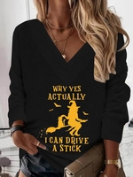 Women Casual Text Letters Autumn V neck Loose Jersey Long sleeve Regular H-Line Sweatshirts