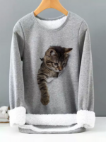 Women Casual Winter Cat Warmth Crew Neck Cotton-Blend Regular H-Line Regular T-shirt