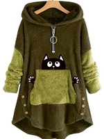 Women Casual Winter Cat Zipper Hoodie Heavyweight Loose Long sleeve Mid-long Tunic Sweatshirts
