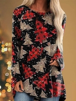 Women Casual Winter Christmas Natural Micro-Elasticity Loose Jersey Christmas Regular T-shirt