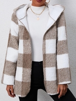 Women Casual Winter Plaid Hoodie Daily Loose Long sleeve Fluff/Granular fleece fabric Hooded Teddy Jacket