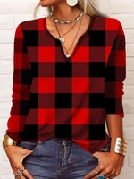 Women Casual Winter Plaid V neck Micro-Elasticity Holiday Loose Jersey Christmas T-shirt