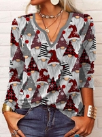 Women Casual Winter Santa Claus V neck Loose Christmas Long sleeve Regular H-Line T-shirt