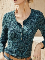 Women Ethnic Spring/Fall Ethnic Polyester Micro-Elasticity Loose Long Sleeve Buckle Regular T-shirts