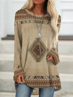 Women Ethnic Spring/Fall Vintage Micro-Elasticity Standard Long sleeve Loose Crew Neck NA T-shirts