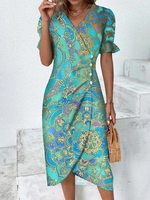 Women Ethnic Summer Elegant Polyester V neck Micro-Elasticity Vacation Regular Fit X-Line Dresses
