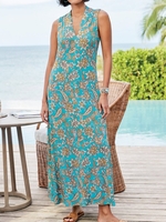 Women Ethnic Summer Vacation Polyester V neck Natural Loose Sleeveless No Dresses