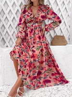 Women Floral Boho Spring/Fall Polyester V neck No Elasticity A-Line Regular No Dresses