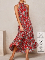 Women Floral Boho Summer Halter Natural Daily Loose Maxi Sleeveless Dresses