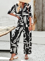 Women Floral Casual Summer No Elasticity Loose Short Sleeve H-Line Regular Shirt Collar Two-Piece Sets