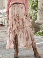 Women Floral Spring Vacation Chiffon Natural Layered/Tiered A-Line Regular Vacation Skirt