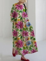 Women Floral Spring/Fall Elegant Square neck Lantern Sleeve Natural Loose Maxi Three Quarter Sleeve Dresses