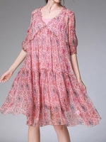 Women Floral Spring/Fall Vacation Natural Vacation Midi Three Quarter Sleeve A-Line Regular Dresses