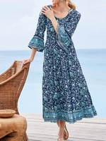 Women Floral Spring/Fall Vacation Polyester Loose Three Quarter Sleeve Crew Neck A-Line Regular Dresses