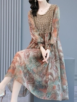Women Floral Spring/Fall Vacation Polyester Natural No Elasticity Midi Crew Neck A-Line Dresses