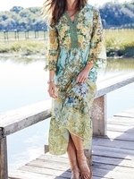 Women Floral Spring/Fall Vacation V neck No Elasticity Loose Lace Three Quarter Sleeve No Dresses