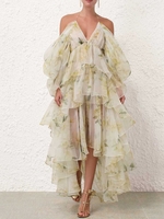 Women Floral Spring/Fall Vacation V neck No Elasticity Party Maxi Long Sleeve No Dresses