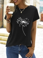 Women Floral Summer Casual Micro-Elasticity Jersey Short sleeve Fit Crew Neck H-Line T-shirts