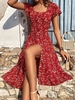 Women Floral Summer Elegant Polyester Square neck Ruffled Sleeves Micro-Elasticity Regular Fit Midi Dresses