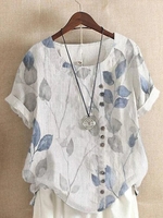 Women Floral Summer Linen No Elasticity Loose Cotton And Linen Short sleeve Regular NL Shirts