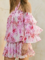 Women Floral Summer Vacation Halter No Elasticity Loose Half Sleeve H-Line Regular Shirts